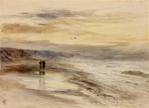 Figuras na beira-mar ao entardecer (aquarela em papel (colado no cartão))